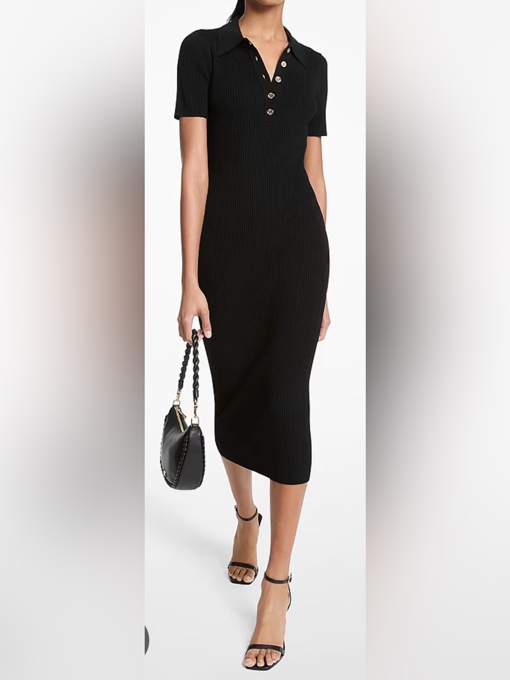 MICHAEL Michael Kors Black Ribbed Polo Midi Dress